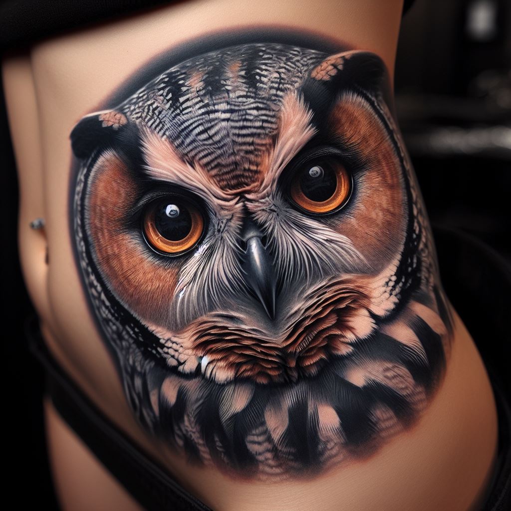 A photorealistic owl tattoo on the side of the torso, depicting a close-up of an owl's face with incredible detail in the feathers, beak, and especially the eyes, which are rendered to look lifelike. The realism of the tattoo makes the owl's gaze captivating and intense, creating a powerful and mesmerizing piece of art.