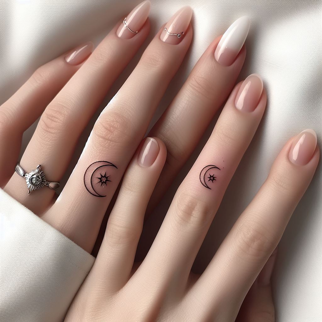 A set of delicate, matching finger tattoos for a mother and daughter, featuring a tiny moon and a single star placed on the side of their respective index fingers. The design should emphasize minimalism and elegance, with crisp, fine lines. The moon and star should appear as though they are in a celestial dance, symbolizing guidance and protection. The background should be clean to highlight the simplicity and beauty of the design.