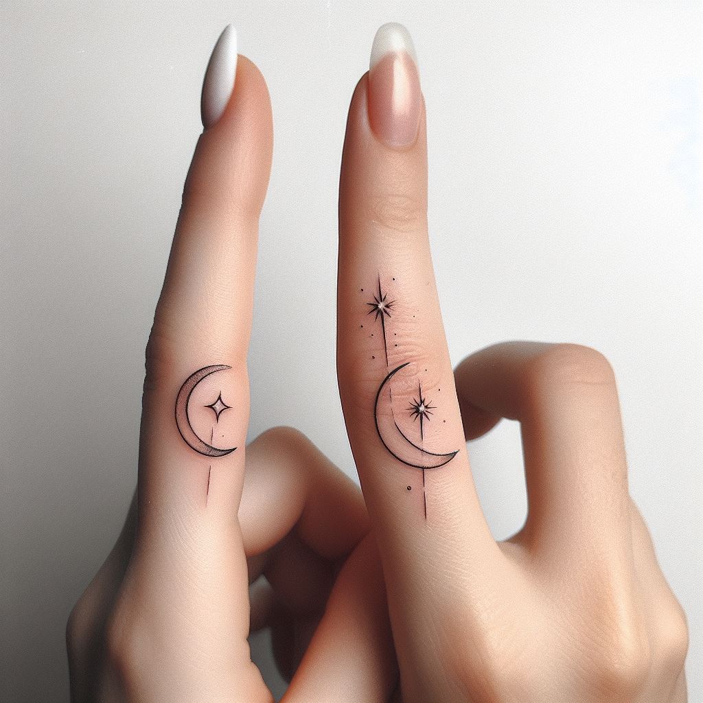 A set of delicate, matching finger tattoos for a mother and daughter, featuring a tiny moon and a single star placed on the side of their respective index fingers. The design should emphasize minimalism and elegance, with crisp, fine lines. The moon and star should appear as though they are in a celestial dance, symbolizing guidance and protection. The background should be clean to highlight the simplicity and beauty of the design.