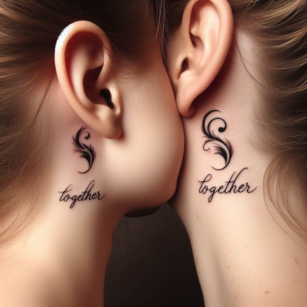 A mother and daughter each with a small, matching tattoo of a whispered word in cursive script, located just behind the ear. The word 'Together' should be split between them, 'Togeth' on the mother and 'er' on the daughter, symbolizing their inseparable bond. The script should be graceful and almost feather-like, blending subtly with the skin tone in the background to evoke a sense of intimacy and closeness.
