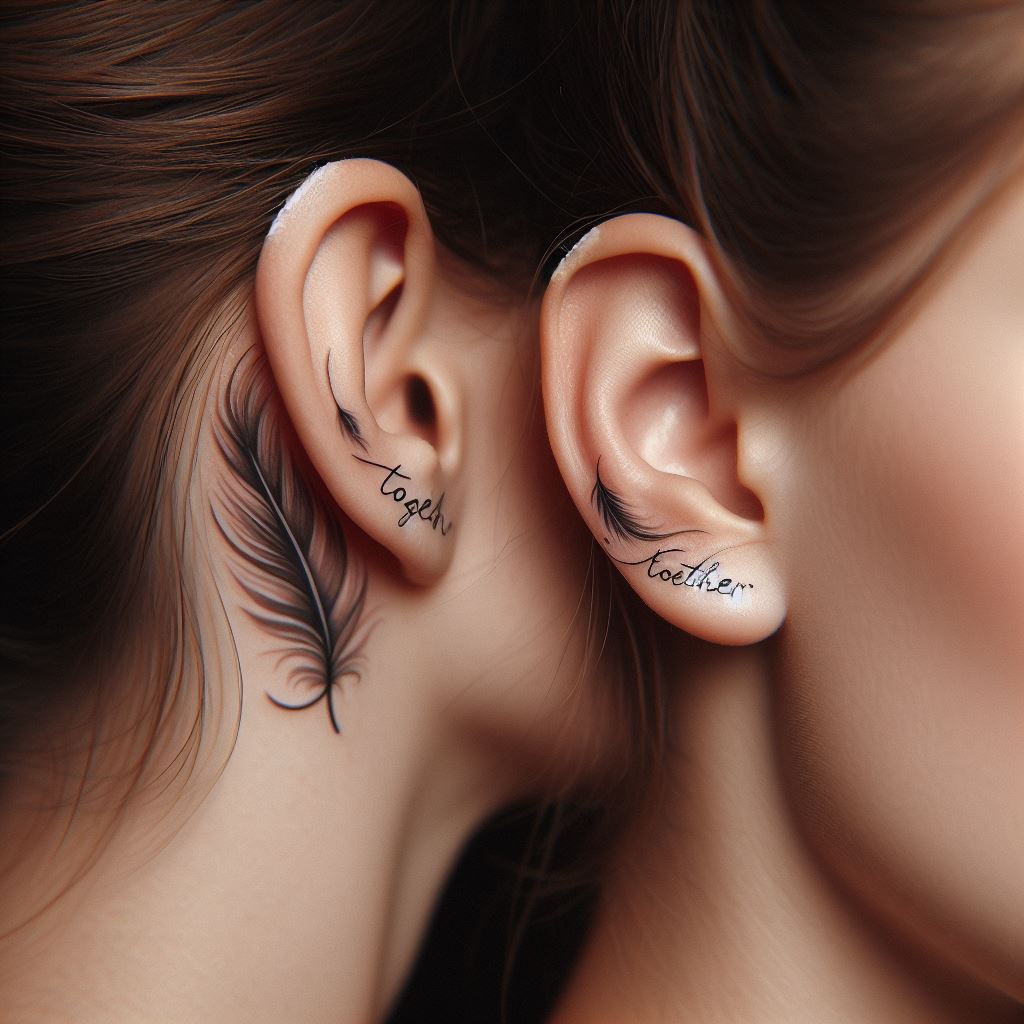 A mother and daughter each with a small, matching tattoo of a whispered word in cursive script, located just behind the ear. The word 'Together' should be split between them, 'Togeth' on the mother and 'er' on the daughter, symbolizing their inseparable bond. The script should be graceful and almost feather-like, blending subtly with the skin tone in the background to evoke a sense of intimacy and closeness.