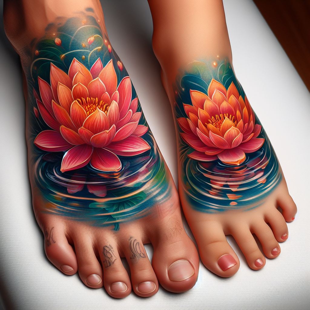 A mother and daughter with foot tattoos that, when placed side by side, reveal a complete lotus flower floating on water. Each has half of the scene; the mother's foot shows the beginning of the lotus and water ripples, while the daughter's foot completes the flower and scene. The design should be vibrant and realistic, symbolizing purity, rebirth, and the shared path of life. The background should be simple, drawing attention to the vivid colors and detailed rendering of the lotus and water.