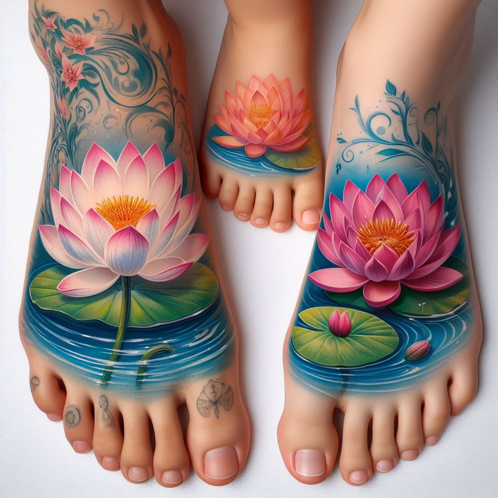 A mother and daughter with foot tattoos that, when placed side by side, reveal a complete lotus flower floating on water. Each has half of the scene; the mother's foot shows the beginning of the lotus and water ripples, while the daughter's foot completes the flower and scene. The design should be vibrant and realistic, symbolizing purity, rebirth, and the shared path of life. The background should be simple, drawing attention to the vivid colors and detailed rendering of the lotus and water.