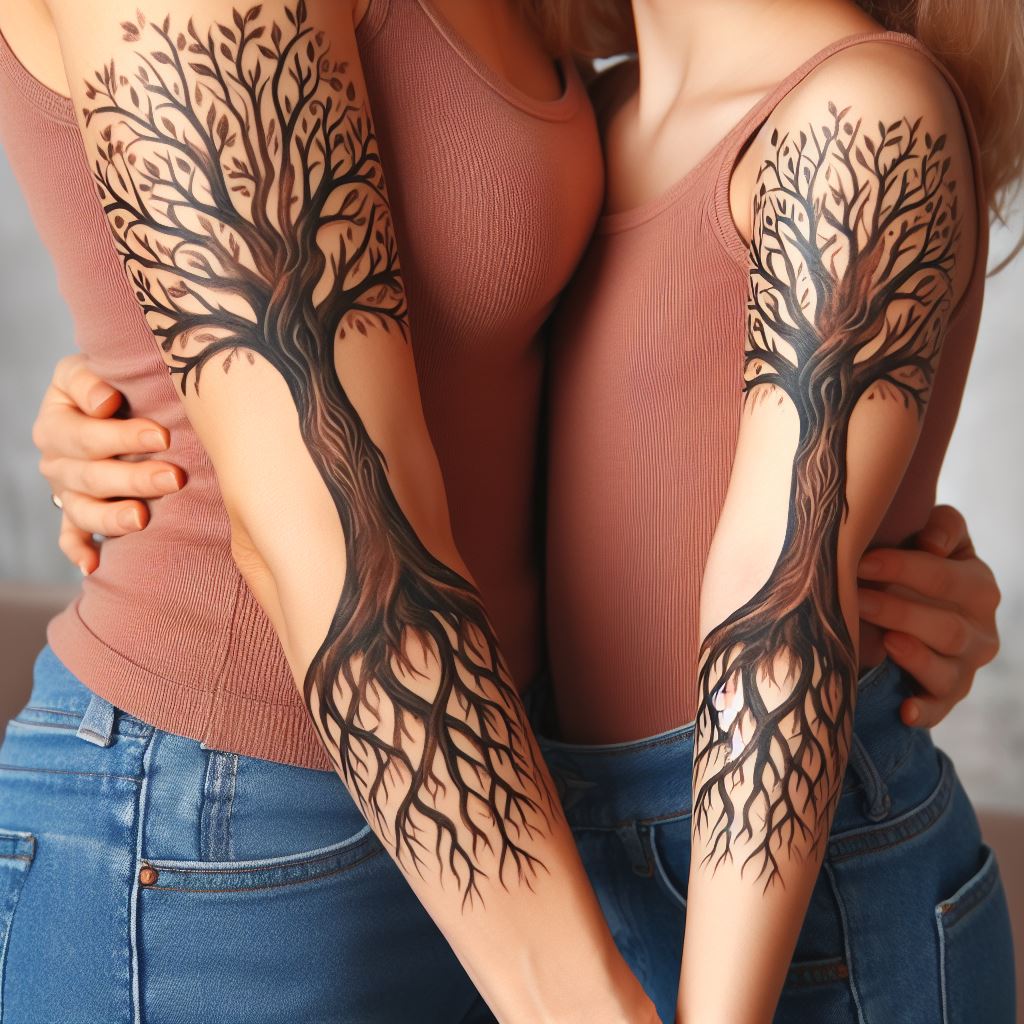 A mother and daughter with matching inner arm tattoos, depicting a pair of ancient, intertwined trees, their branches reaching out to each other. The roots symbolize their shared foundation, while the reaching branches represent their growth and support for one another. The design should be detailed with fine lines to capture the texture of the bark and the delicate leaves, set against a soft, blurred background to emphasize the tattoos.