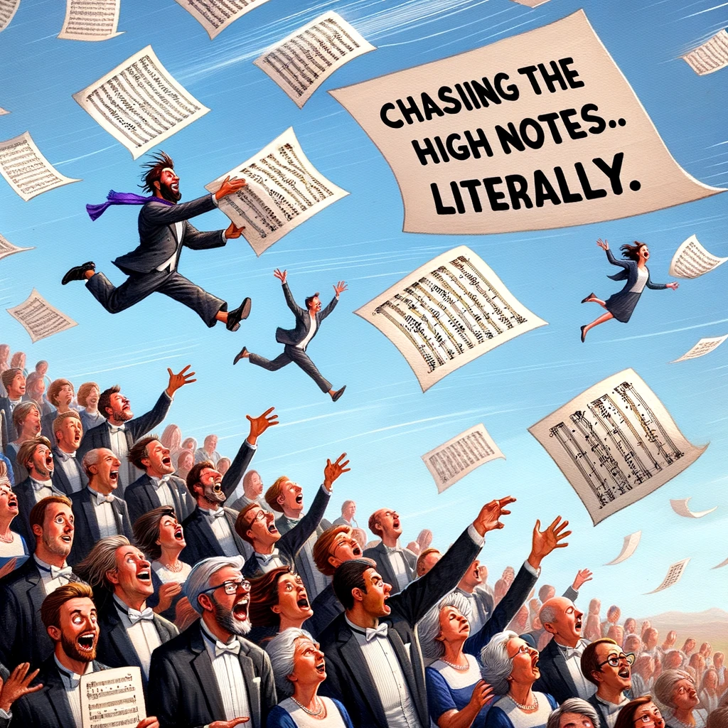 A hilarious image showing a choir member's sheet music flying away in a gust of wind during an outdoor concert, with others trying to catch it. The caption reads, "Chasing the high notes... literally."