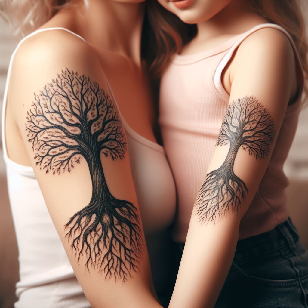 A mother and daughter with matching inner arm tattoos, depicting a pair of ancient, intertwined trees, their branches reaching out to each other. The roots symbolize their shared foundation, while the reaching branches represent their growth and support for one another. The design should be detailed with fine lines to capture the texture of the bark and the delicate leaves, set against a soft, blurred background to emphasize the tattoos.