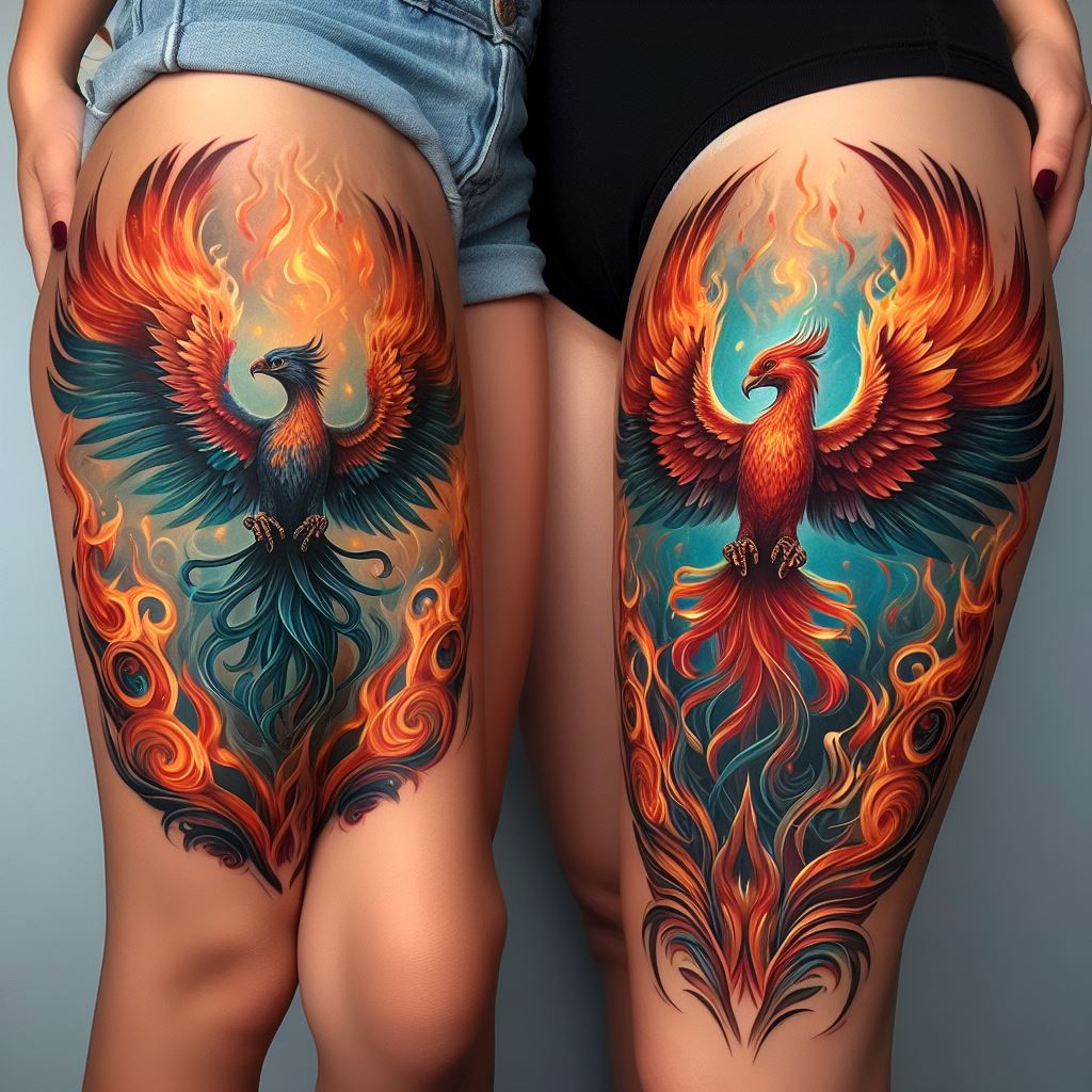 A mother and daughter with thigh tattoos that together depict a majestic phoenix rising from flames, symbolizing rebirth and resilience. One has the base of the flames and the lower part of the phoenix, while the other has the upper part of the phoenix, with its wings spread wide. The tattoos should be dynamic and colorful, capturing the essence of renewal and the indomitable spirit they share. The background should be simple, focusing attention on the intricate details and symbolism of the phoenix.