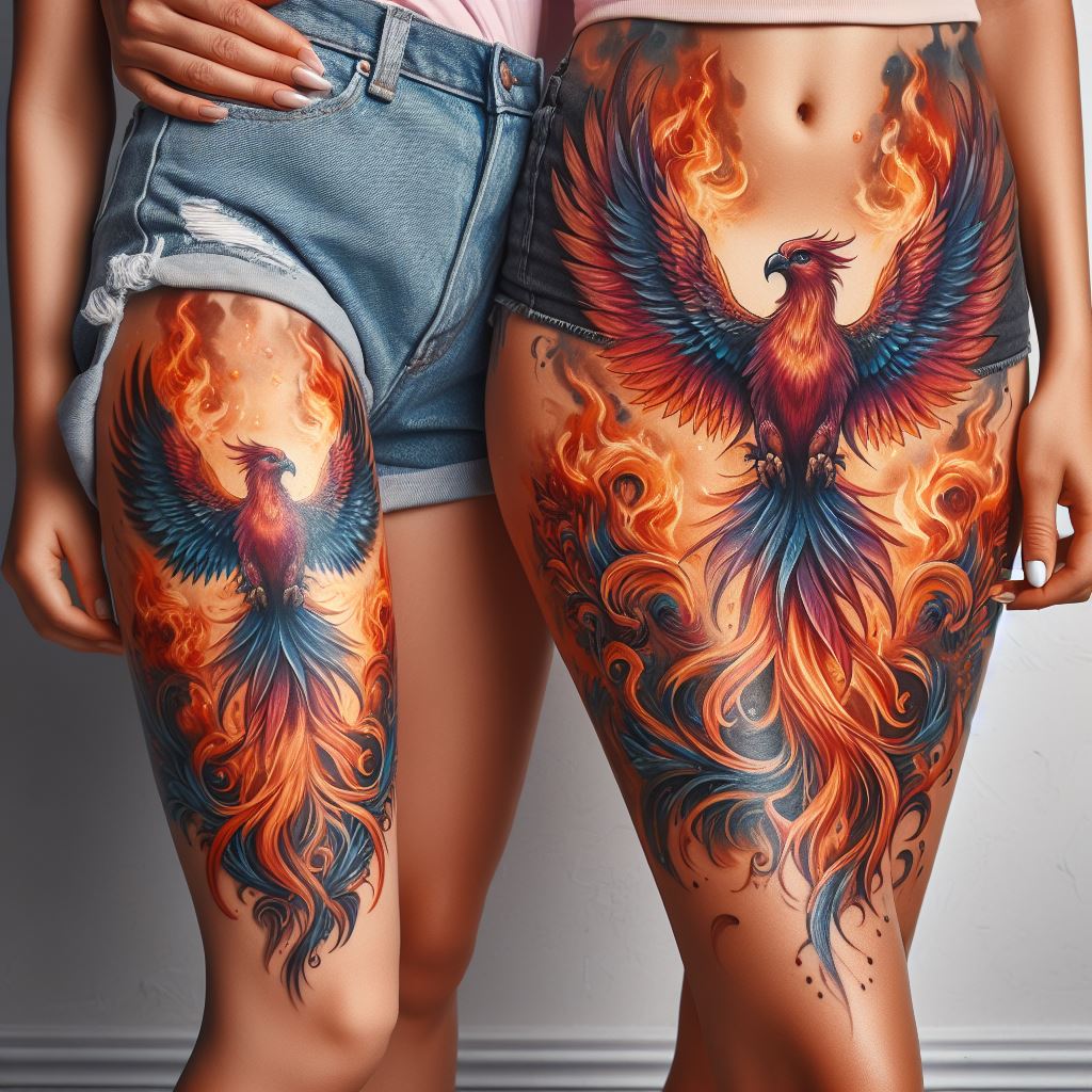 A mother and daughter with thigh tattoos that together depict a majestic phoenix rising from flames, symbolizing rebirth and resilience. One has the base of the flames and the lower part of the phoenix, while the other has the upper part of the phoenix, with its wings spread wide. The tattoos should be dynamic and colorful, capturing the essence of renewal and the indomitable spirit they share. The background should be simple, focusing attention on the intricate details and symbolism of the phoenix.