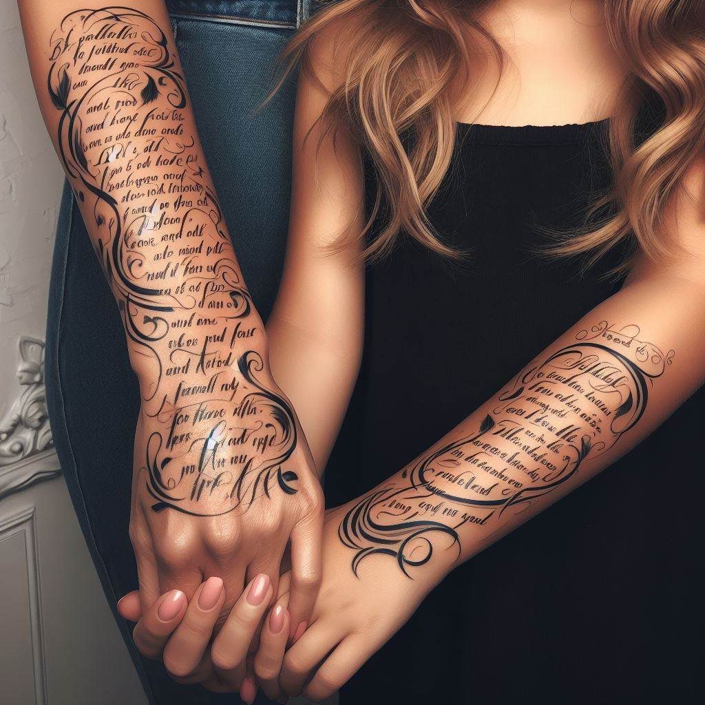 A mother and daughter with a flowing, scriptural tattoo that wraps from the wrist up to the forearm, featuring a shared favorite quote or poem that has deep personal significance. The script should be elegant and readable, with certain key words emphasized through bolder fonts or colors to highlight the most impactful parts of the text. The background should be unobtrusive, ensuring the focus remains on the shared words that weave through their skin, symbolizing the enduring power of their connection.