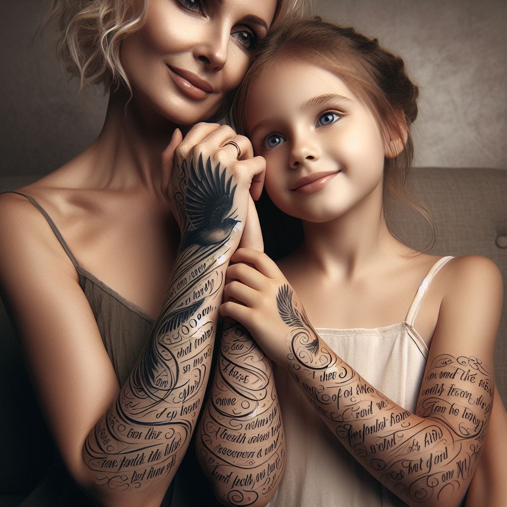 A mother and daughter with a flowing, scriptural tattoo that wraps from the wrist up to the forearm, featuring a shared favorite quote or poem that has deep personal significance. The script should be elegant and readable, with certain key words emphasized through bolder fonts or colors to highlight the most impactful parts of the text. The background should be unobtrusive, ensuring the focus remains on the shared words that weave through their skin, symbolizing the enduring power of their connection.