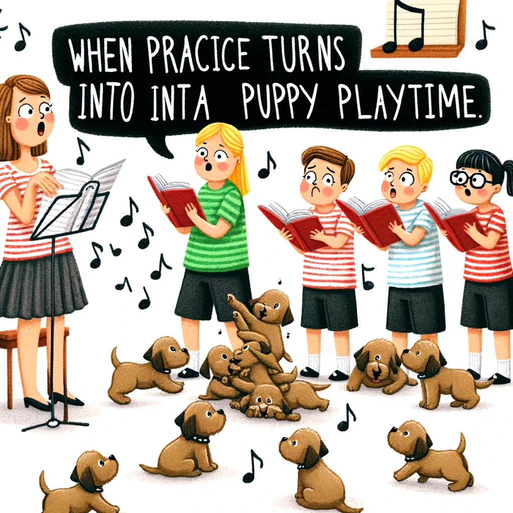 A whimsical image of a choir trying to sing while surrounded by playful puppies, getting distracted and petting them instead. Caption: "When practice turns into a puppy playtime."