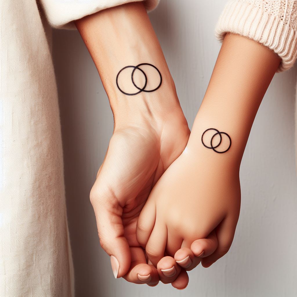 A mother and daughter with side-by-side wrist tattoos featuring a minimalist design of two interlocking circles. This symbolizes their unending connection and support for one another. The circles should be drawn with a single, continuous line to represent unity and eternity. The background should be plain to keep the focus on the simplicity and elegance of the design.