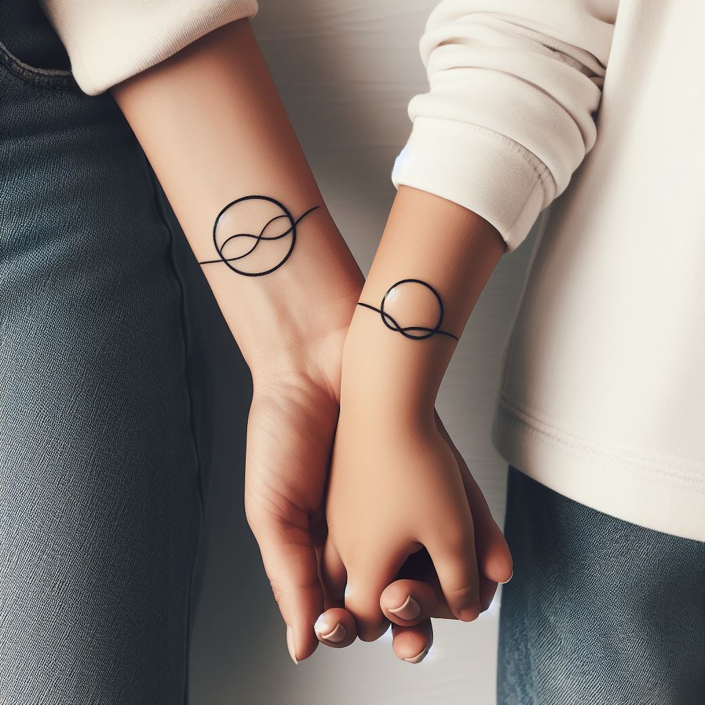 A mother and daughter with side-by-side wrist tattoos featuring a minimalist design of two interlocking circles. This symbolizes their unending connection and support for one another. The circles should be drawn with a single, continuous line to represent unity and eternity. The background should be plain to keep the focus on the simplicity and elegance of the design.