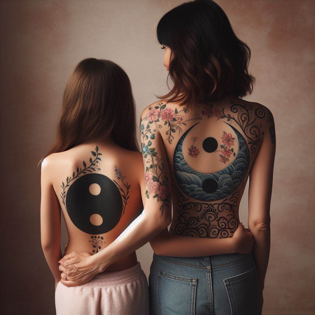 A mother and daughter each with a half of a yin-yang symbol tattooed on their lower back, symbolizing balance and harmony within their relationship. Each half should incorporate elements that represent their personalities, such as floral patterns for gentleness or waves for resilience. The tattoos should blend seamlessly when they stand together, highlighting their complementary nature against a subdued background.