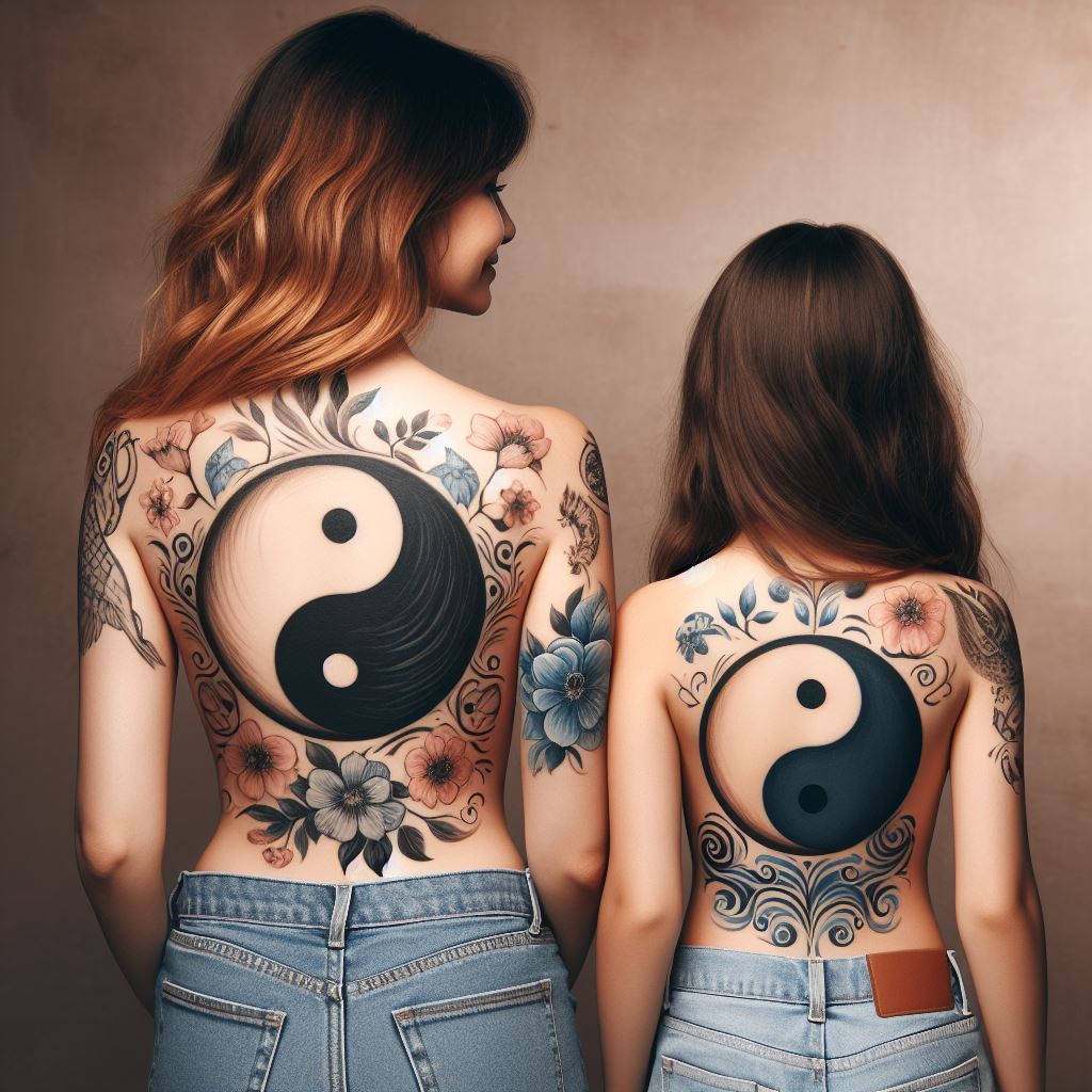 A mother and daughter each with a half of a yin-yang symbol tattooed on their lower back, symbolizing balance and harmony within their relationship. Each half should incorporate elements that represent their personalities, such as floral patterns for gentleness or waves for resilience. The tattoos should blend seamlessly when they stand together, highlighting their complementary nature against a subdued background.