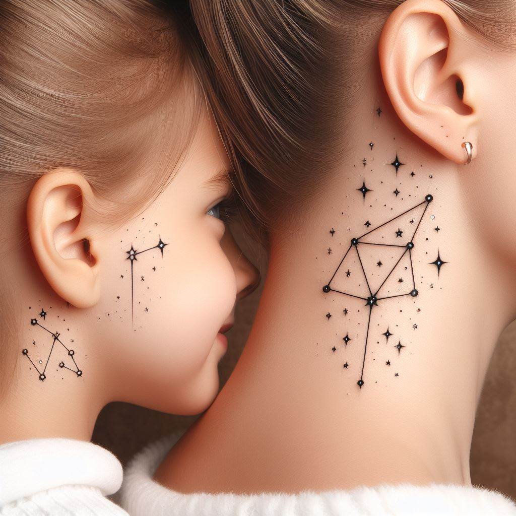 A mother and daughter with matching tattoos located just behind the ear, featuring a small constellation that has personal significance to them. The stars in the constellation could be represented by tiny, sparkling dots, with the faintest lines connecting them to guide the eye. This design symbolizes guidance and protection, set against a clean background to draw attention to the delicate details.