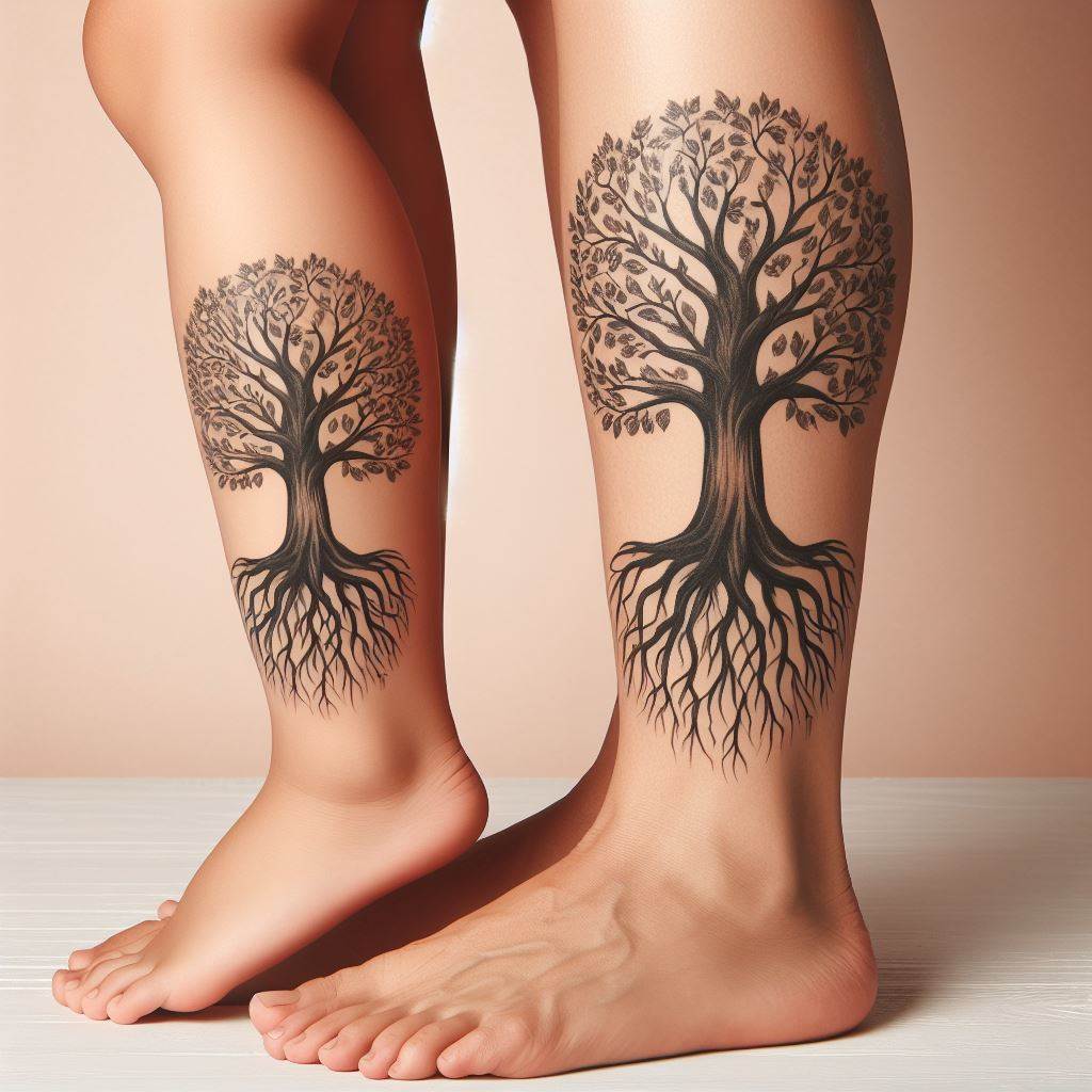 A mother and daughter with matching shin tattoos of a majestic oak tree, its roots and branches entwined to form a circle. This design represents strength, growth, and the cycle of life, reflecting their enduring bond. The tree should be detailed, with textured bark and leaves, against a soft background that enhances the natural beauty and symbolism of the oak.