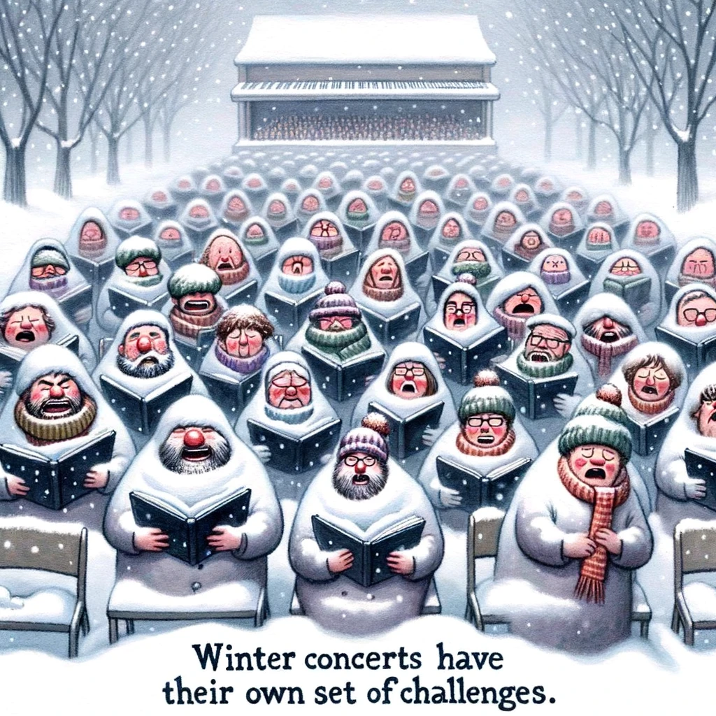 A funny scene of a choir attempting to perform in heavy snow, with members bundled up in scarves and hats, barely visible. The caption reads, "Winter concerts have their own set of challenges."