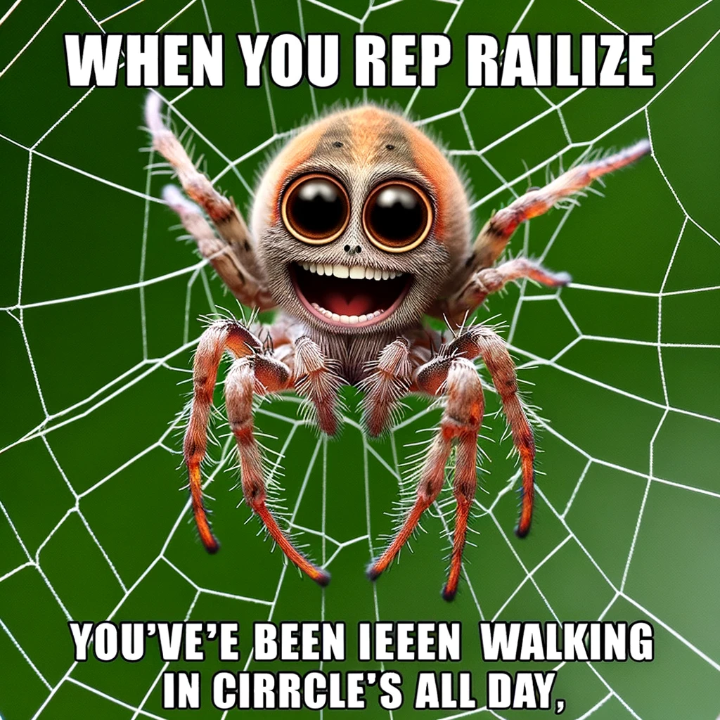 A spider hanging from a web with a surprised expression, captioned "When you realize you've been walking in circles all day."
