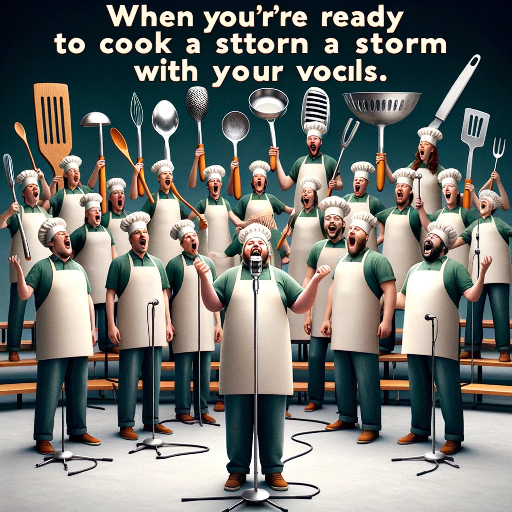 An image of a choir using various kitchen utensils as microphones during a quirky performance. The caption jokes, "When you're ready to cook up a storm with your vocals."