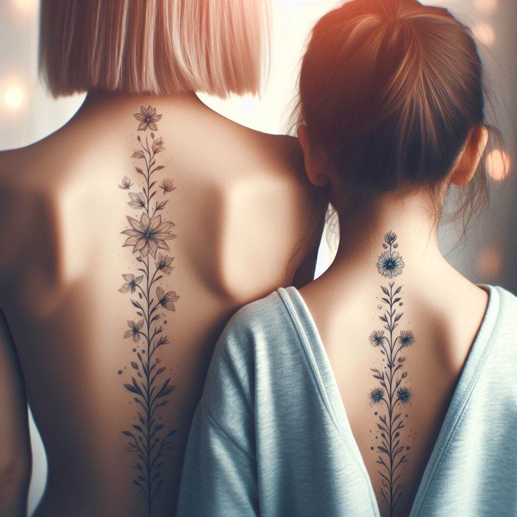 A mother and daughter each with a spine tattoo that traces a vertical line of delicate, ascending flowers or stars, representing their growth and aspiration together. Each flower or star could symbolize significant moments or qualities they share. The design should be elegant and linear, highlighting the length of the spine and set against a soft, unfocused background to emphasize the beauty and progression of their relationship.
