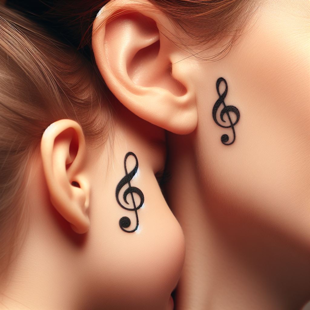 A mother and daughter with small, matching tattoos located just behind the earlobe, featuring a miniature musical note or a tiny treble clef. This symbolizes their shared love for music or a specific song that holds special memories. The design should be crisp and simple, allowing the significance of their shared bond through music to resonate against a clean background.