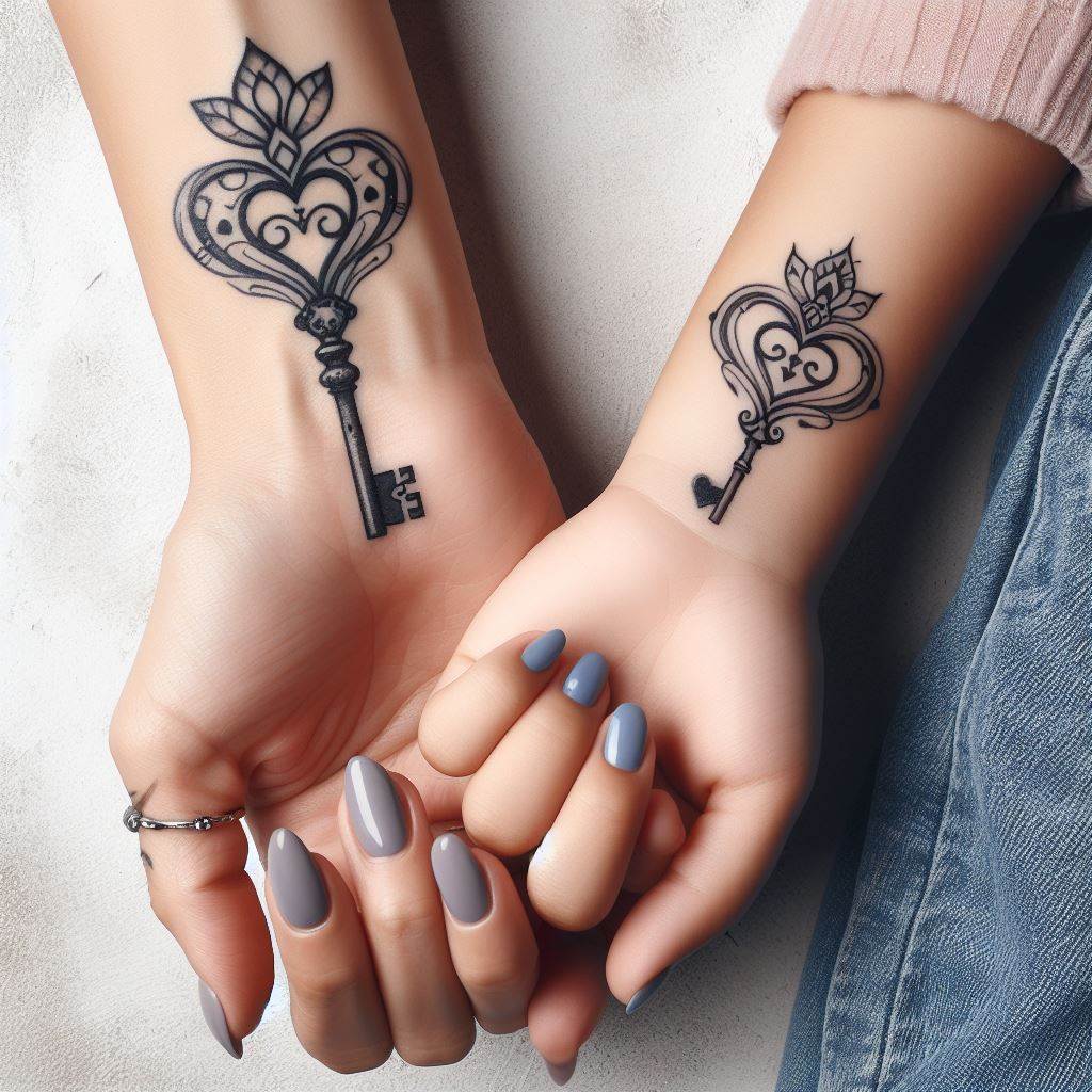 A mother and daughter with complementing tattoos on their wrists, one bearing a delicate key and the other a heart-shaped lock. This design symbolizes the idea that they hold the key to each other's hearts, with each element intricately detailed to showcase its uniqueness against a minimalist background, emphasizing their unbreakable bond.