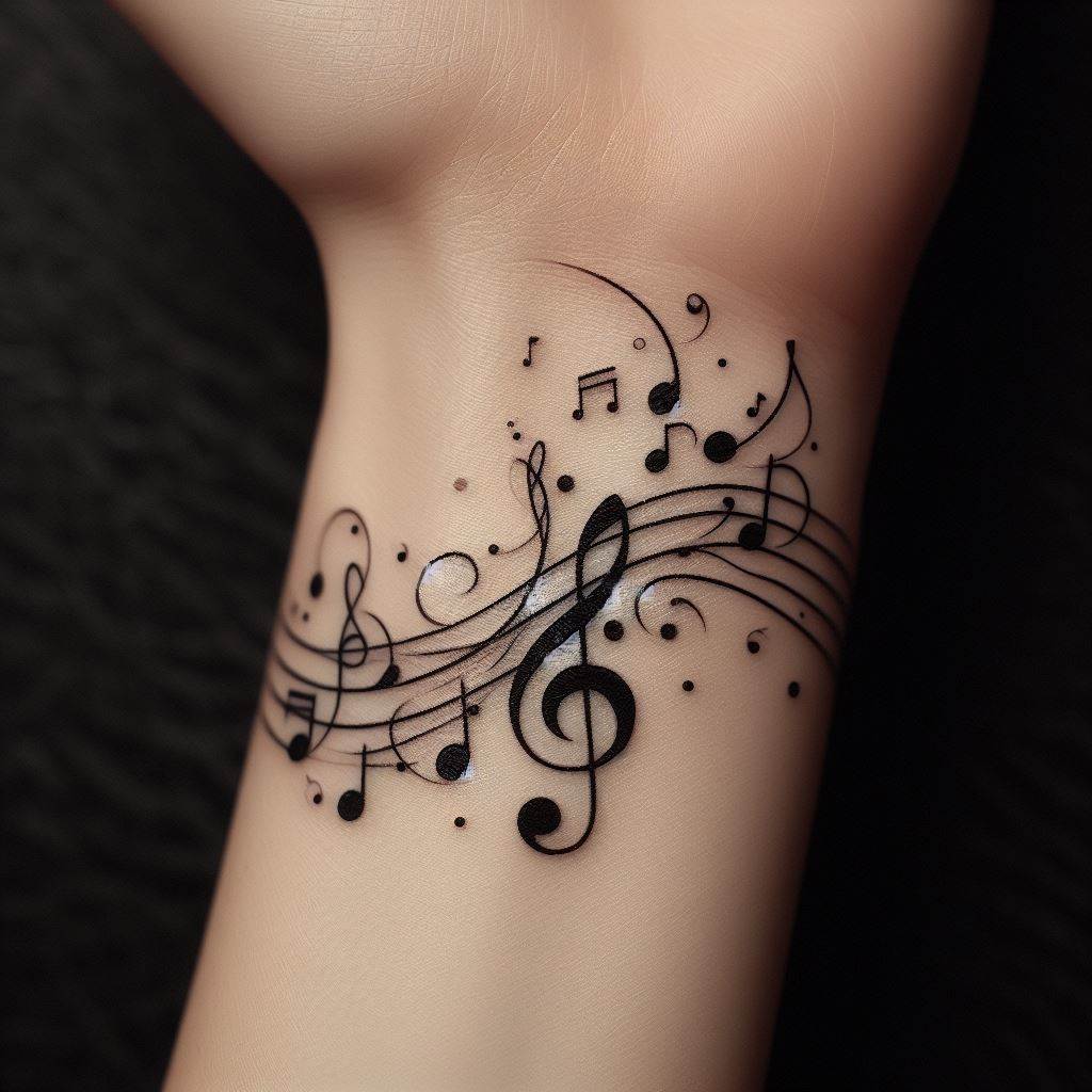 A delicate, black ink tattoo featuring a series of musical notes and a treble clef that gracefully wrap around the wrist. The design flows like a piece of music, with small notes like quavers and semiquavers interspersed with beamed notes, creating a sense of rhythm and movement around the wrist.