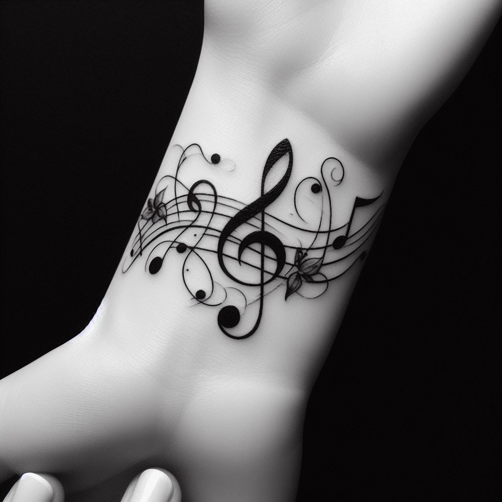 A delicate, black ink tattoo featuring a series of musical notes and a treble clef that gracefully wrap around the wrist. The design flows like a piece of music, with small notes like quavers and semiquavers interspersed with beamed notes, creating a sense of rhythm and movement around the wrist.