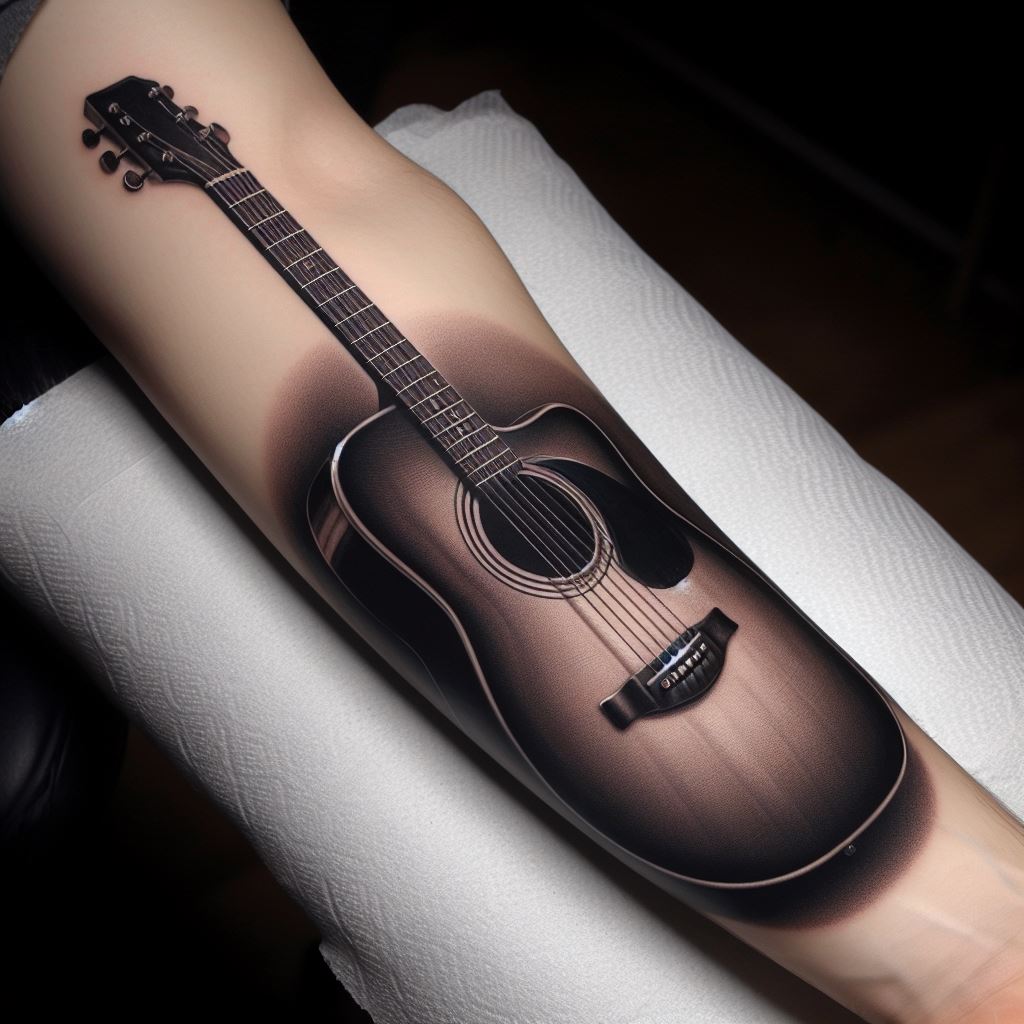 A realistic, black and gray tattoo of an acoustic guitar positioned along the forearm. The guitar is depicted with intricate detail, showing the strings, fretboard, and body of the instrument. The design should look as if the guitar is resting against the skin, with shadows adding depth and realism to the tattoo.