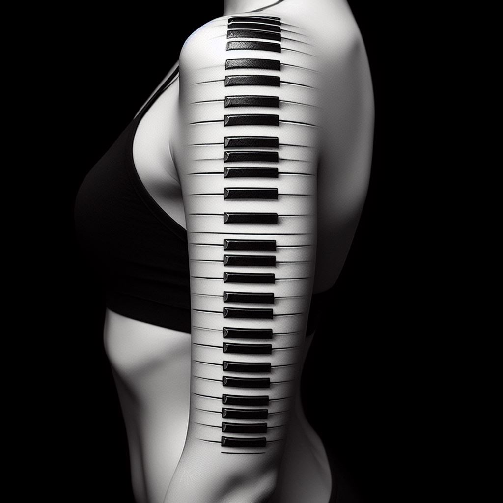A vertical, black and white tattoo of piano keys stretching from under the arm down to the waist along the ribcage. The piano keys should be accurately detailed, with sharp contrasts between the black and white keys. The design gives the illusion that the body itself is producing music, symbolizing a deep connection to piano music.