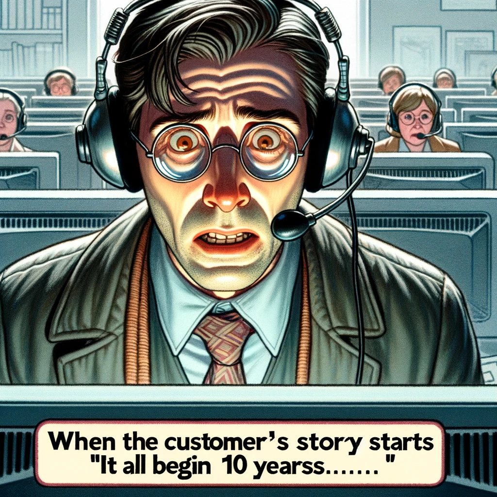 A customer service representative wearing headphones, looking bewildered as they stare at a computer screen that displays an absurdly long and complicated complaint. Caption: "When the customer's story starts with 'It all began 10 years ago...'",