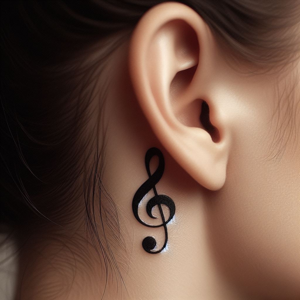 A small, elegant tattoo of a violin key (also known as a treble clef) positioned delicately behind the ear. This design is in black ink, with smooth curves and a fine finish, symbolizing a love for classical music. The tattoo should be positioned so that it appears to whisper music into the wearer’s ear.