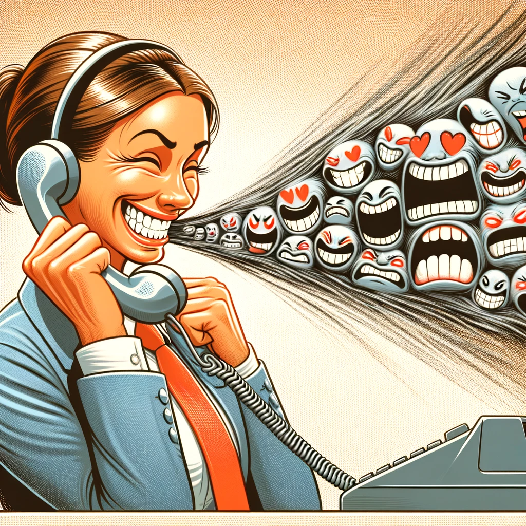 A customer service representative with a forced smile, holding a phone away from their ear while a cartoonish wave of complaints emerges from the receiver. Caption: "Putting on a brave face when the customer starts yelling.",