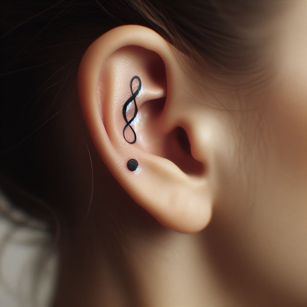A small, elegant tattoo of a violin key (also known as a treble clef) positioned delicately behind the ear. This design is in black ink, with smooth curves and a fine finish, symbolizing a love for classical music. The tattoo should be positioned so that it appears to whisper music into the wearer’s ear.