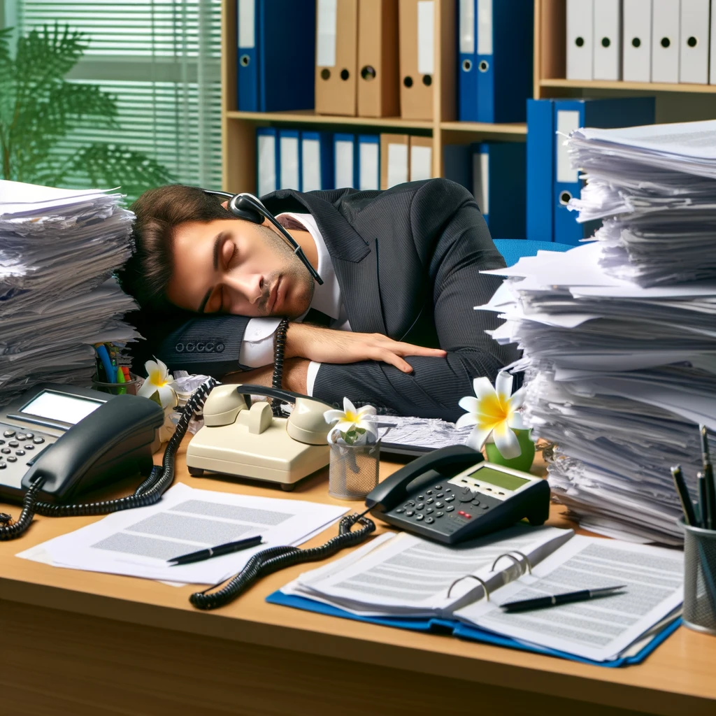 A customer service representative fast asleep at their desk, surrounded by a mountain of paperwork and two ringing phones. Caption: "Catching those rare moments of peace between calls.",
