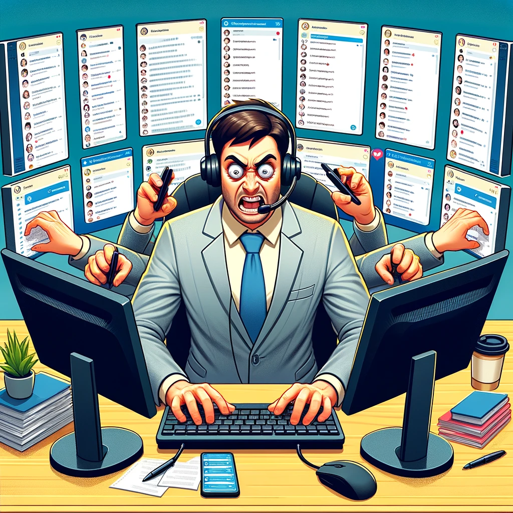 A customer service representative typing furiously, surrounded by multiple screens displaying different customer support chats. Caption: "Multitasking level: Expert.",