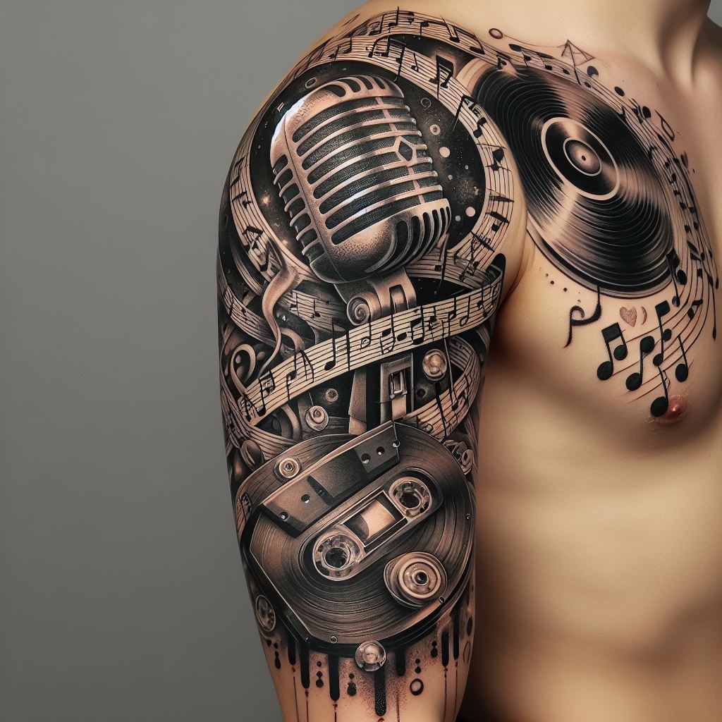A full sleeve tattoo featuring a vintage microphone at the center, surrounded by musical notes, vinyl records, and a tape cassette. The design combines elements of black ink and subtle shades of gray to add depth, creating a tribute to the golden age of music and recording. The entire composition should flow seamlessly from the shoulder down to the wrist.