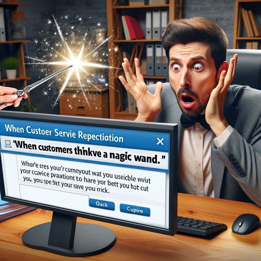 A customer service representative looking at their computer screen with a mixture of horror and confusion, as an absurdly unrealistic expectation from a customer pops up in an email. Caption: "When customers think you have a magic wand.",