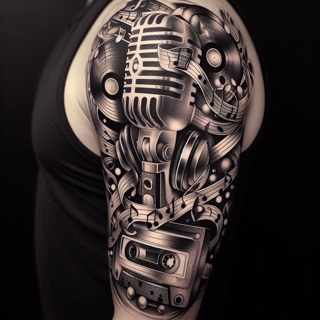 A full sleeve tattoo featuring a vintage microphone at the center, surrounded by musical notes, vinyl records, and a tape cassette. The design combines elements of black ink and subtle shades of gray to add depth, creating a tribute to the golden age of music and recording. The entire composition should flow seamlessly from the shoulder down to the wrist.