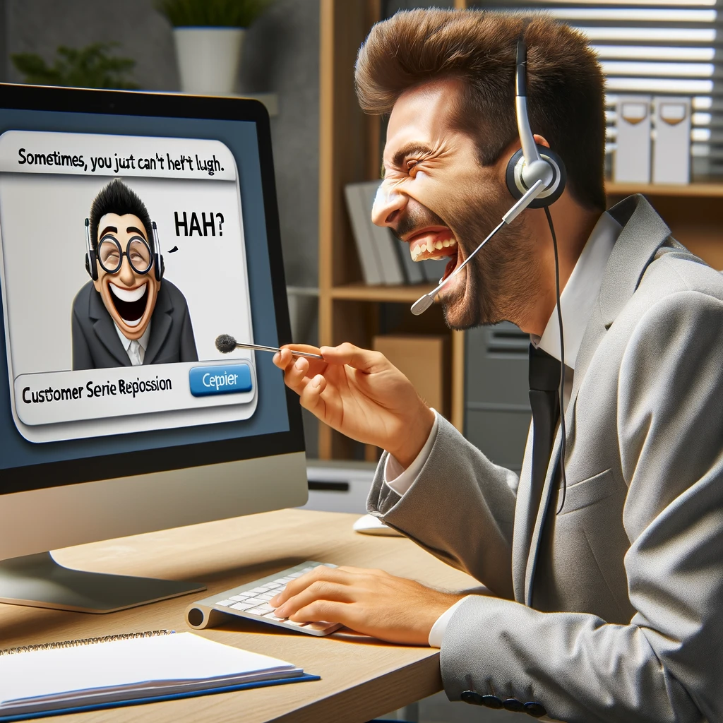 A customer service representative with a headset on, laughing uncontrollably at a computer screen, where a customer has made a hilariously bizarre request. Caption: "Sometimes, you just can't help but laugh.",