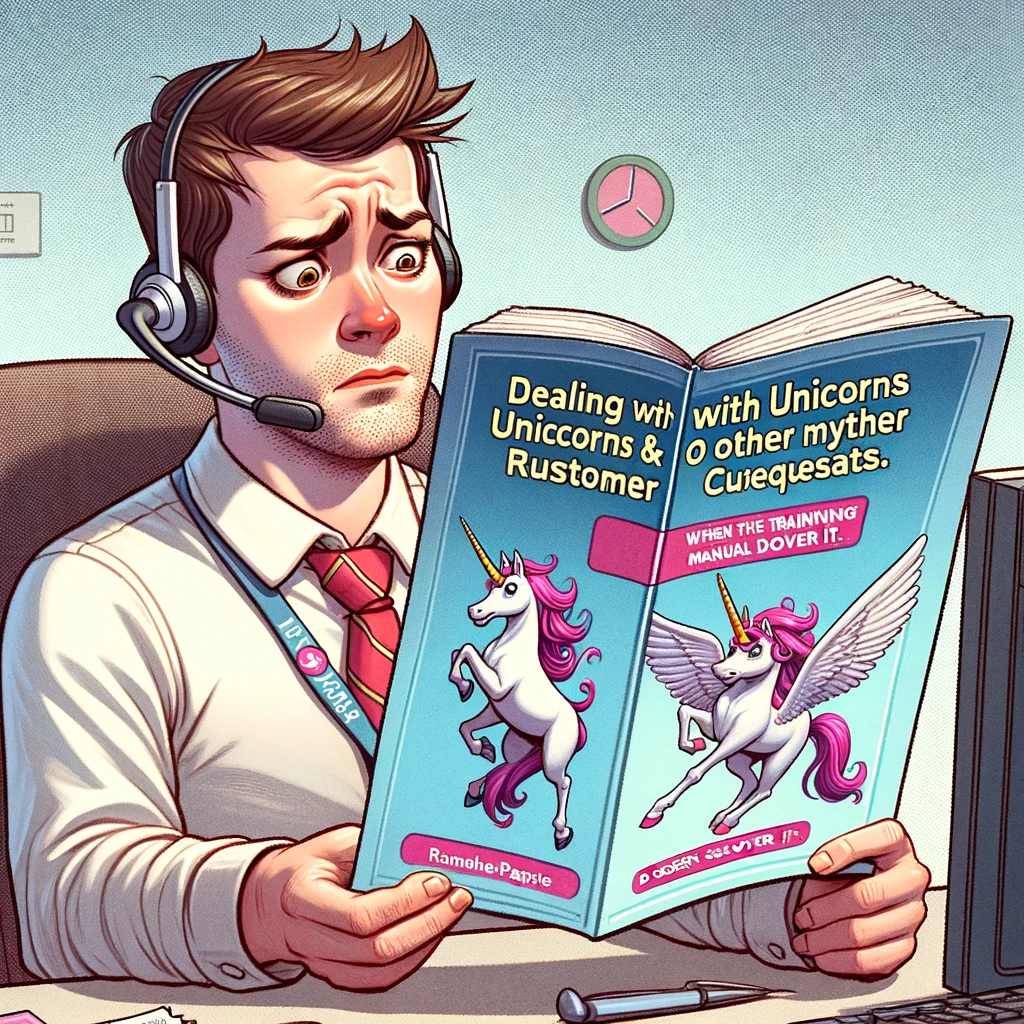 A customer service representative looking puzzled while reading a manual titled "Dealing with Unicorns & Other Mythical Customer Requests." Caption: "When the training manual doesn't cover it.",
