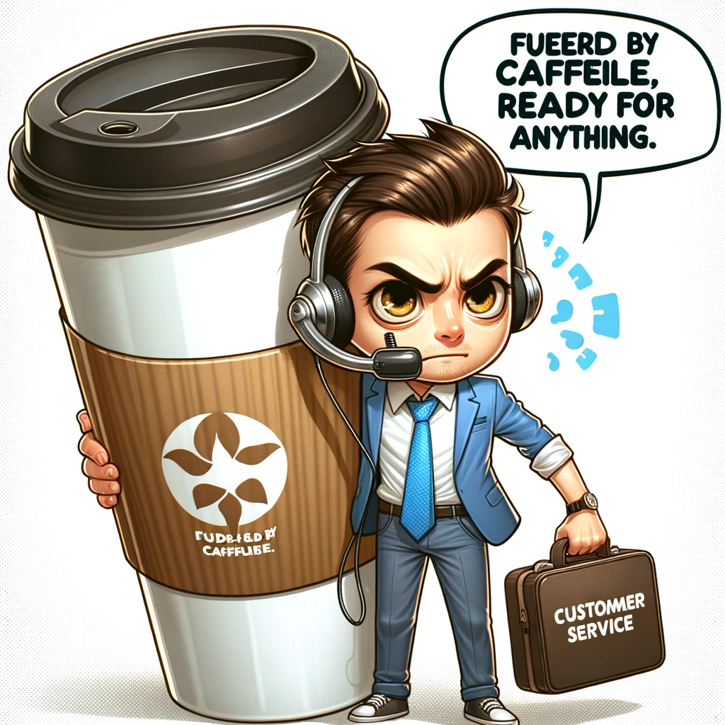 A customer service representative with a giant coffee cup, looking exhausted but determined, as they brace themselves for another call. Caption: "Fueled by caffeine, ready for anything.",