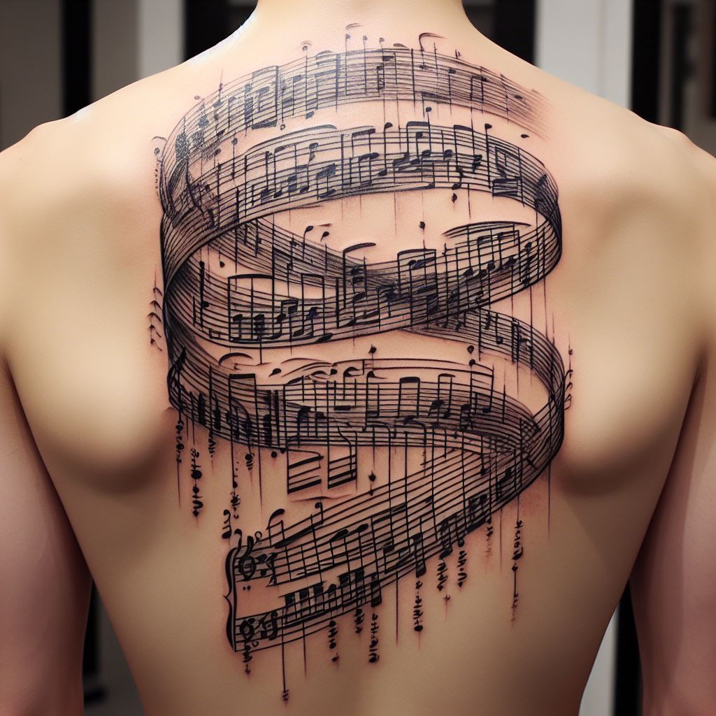 A large tattoo on the back featuring a portion of a classical music score. The staff lines and notes should be accurately depicted, as if a piece of sheet music has been laid directly onto the skin. The design starts from the upper back, cascading down towards the lower back, symbolizing music's ability to move and inspire.
