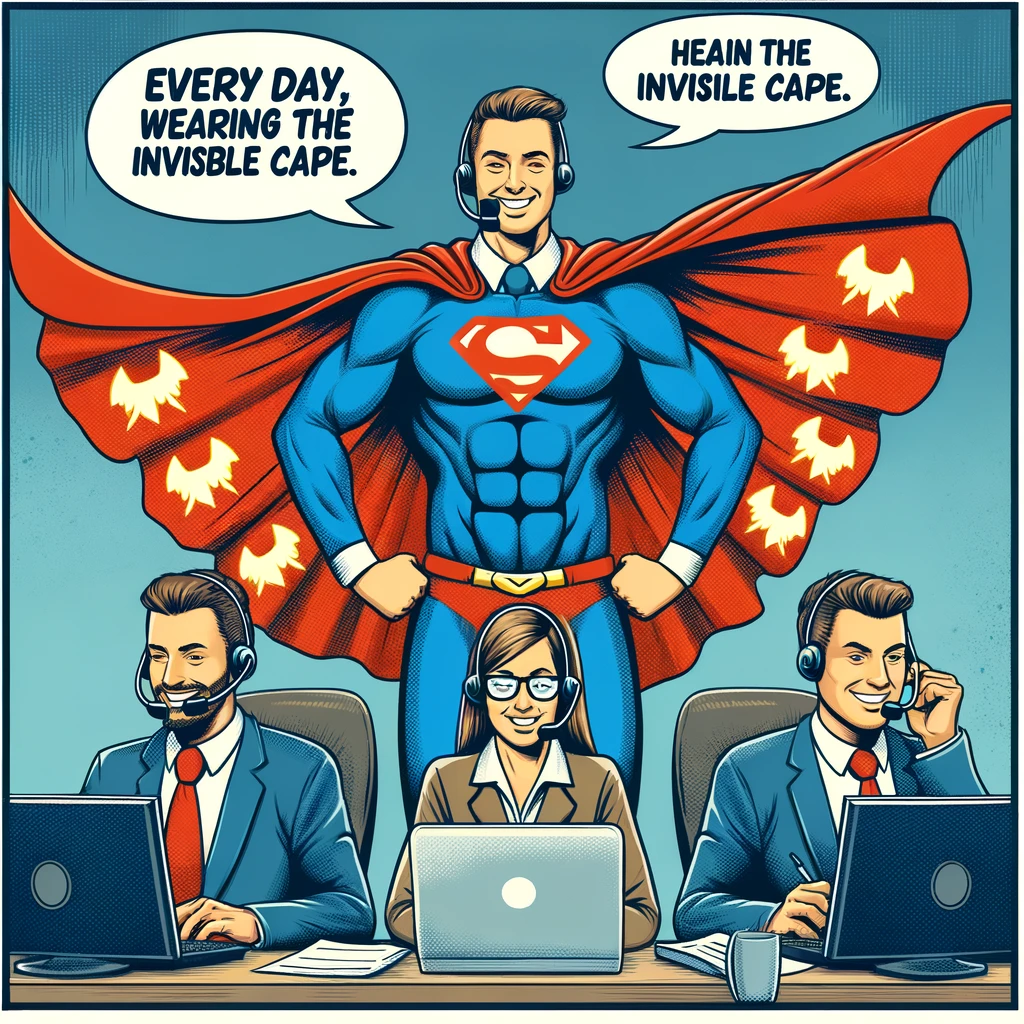 A customer service representative with a superhero cape, heroically resolving multiple customer issues at once. Caption: "Every day, wearing the invisible cape.",