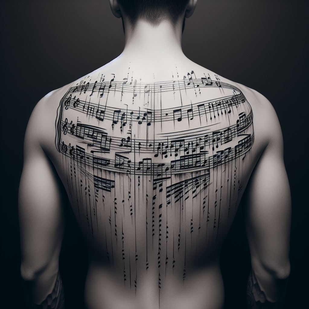 A large tattoo on the back featuring a portion of a classical music score. The staff lines and notes should be accurately depicted, as if a piece of sheet music has been laid directly onto the skin. The design starts from the upper back, cascading down towards the lower back, symbolizing music's ability to move and inspire.