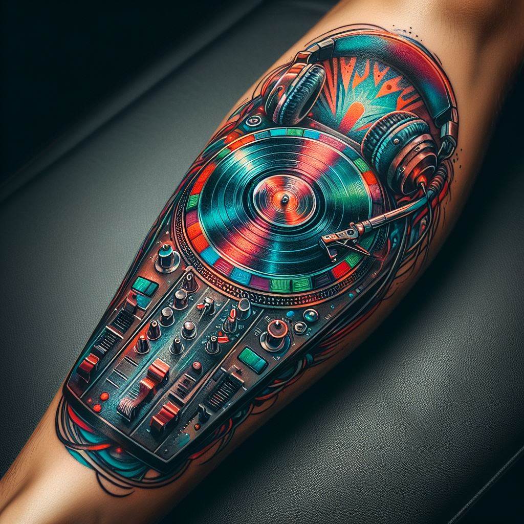 A detailed, colorful tattoo of a DJ turntable placed on the calf. The turntable, along with headphones and a vinyl record, should be depicted with vibrant colors against a dark background, highlighting the energy and excitement of DJ culture and electronic music.