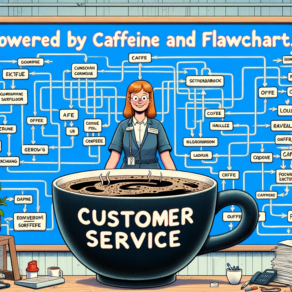 A customer service representative holding a giant cup of coffee, standing in front of a board filled with complex problem-solving flowcharts. Caption: "Powered by caffeine and flowcharts.",