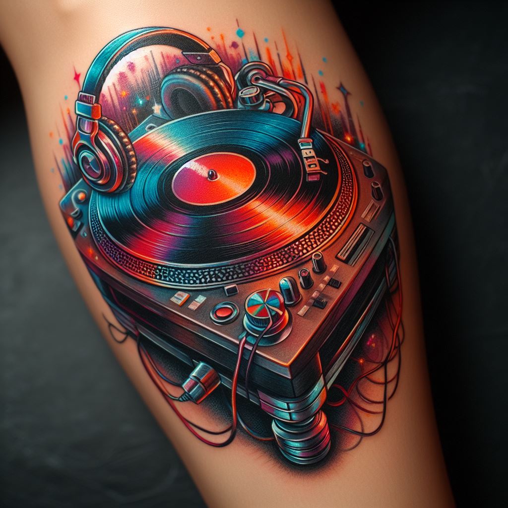A detailed, colorful tattoo of a DJ turntable placed on the calf. The turntable, along with headphones and a vinyl record, should be depicted with vibrant colors against a dark background, highlighting the energy and excitement of DJ culture and electronic music.