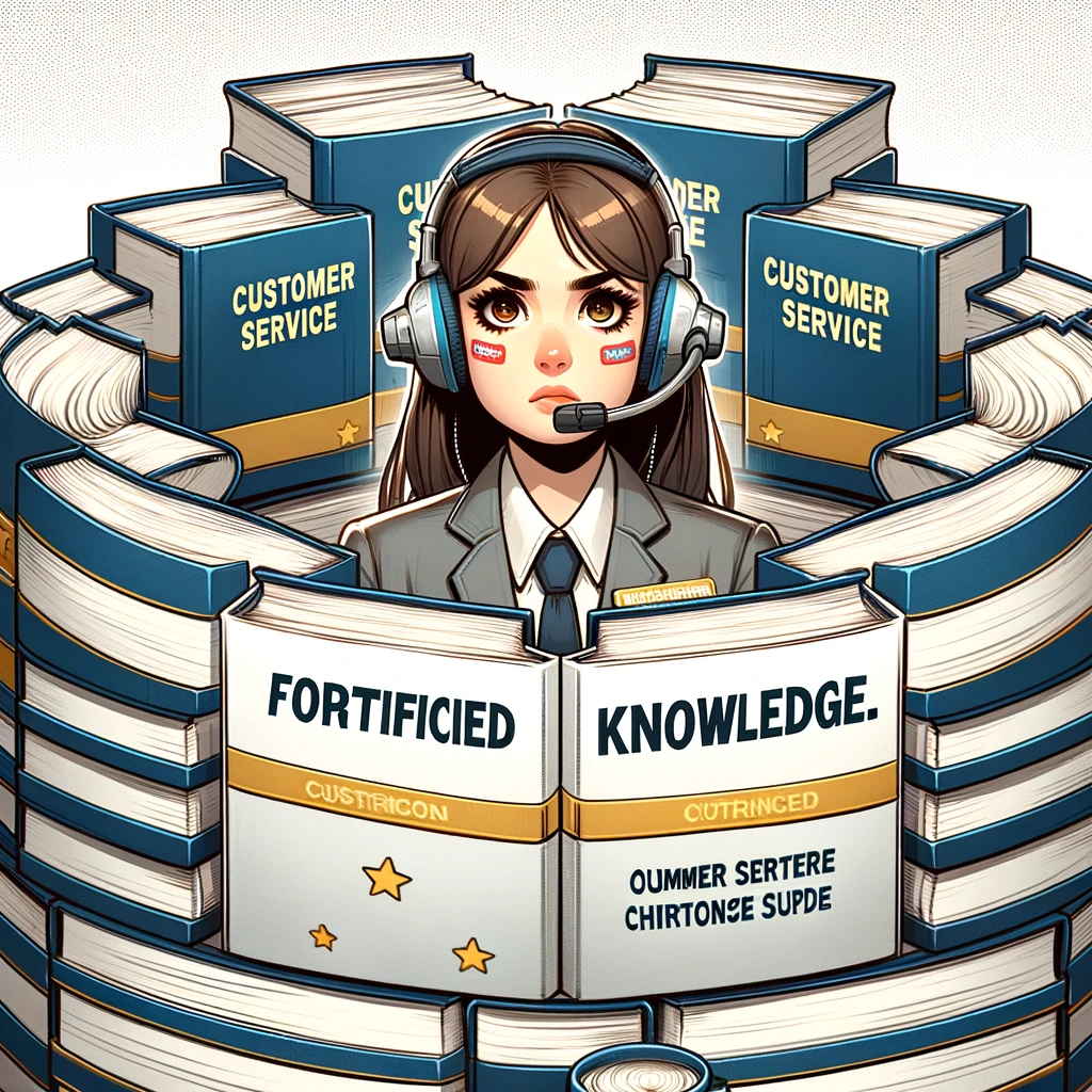 A customer service representative surrounded by a fortress of customer service manuals, looking determined with a headset on. Caption: "Fortified with knowledge.",